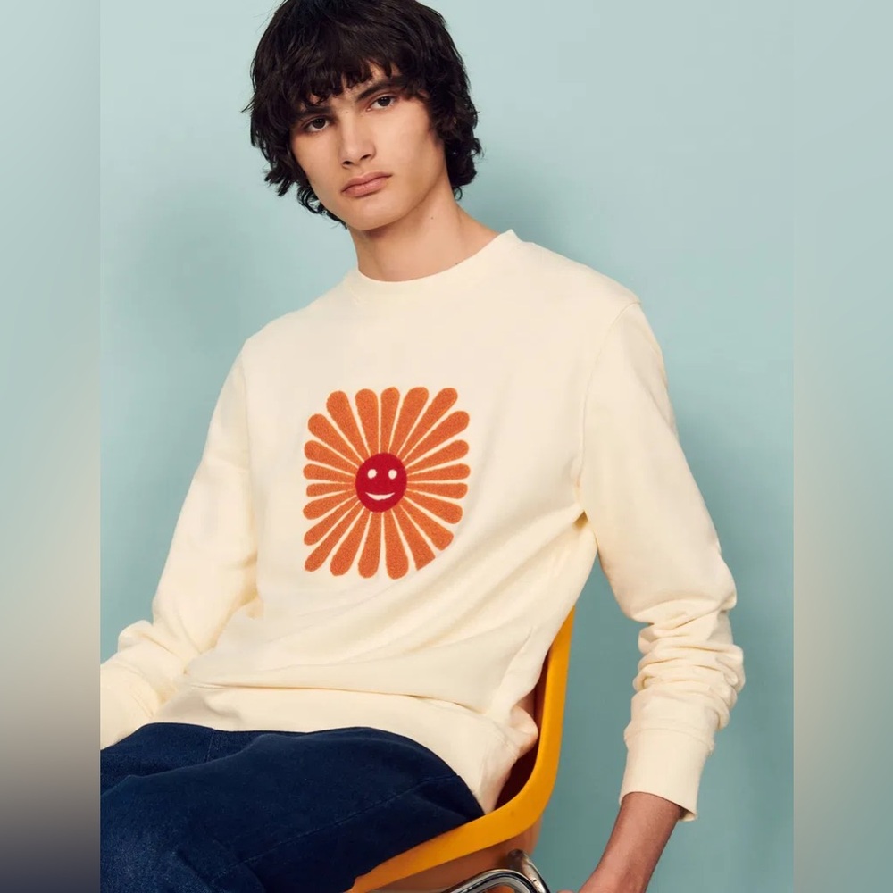 Sandro Men's Sun Print Embroidered Cotton Crewneck Sweatshirt Cream M